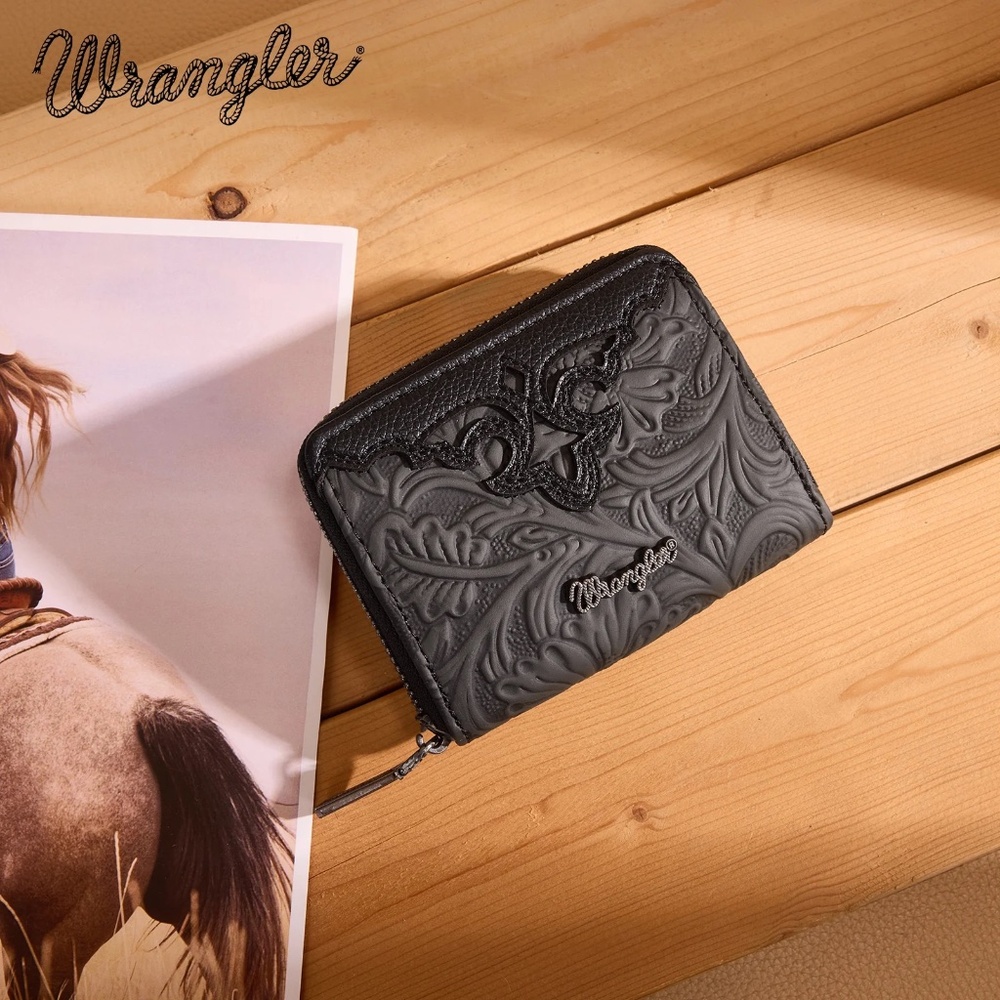 Wrangler Tooled Zip-Around Wallet Black